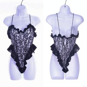 Sheer Black Lace Mesh See Through Thong Teddy